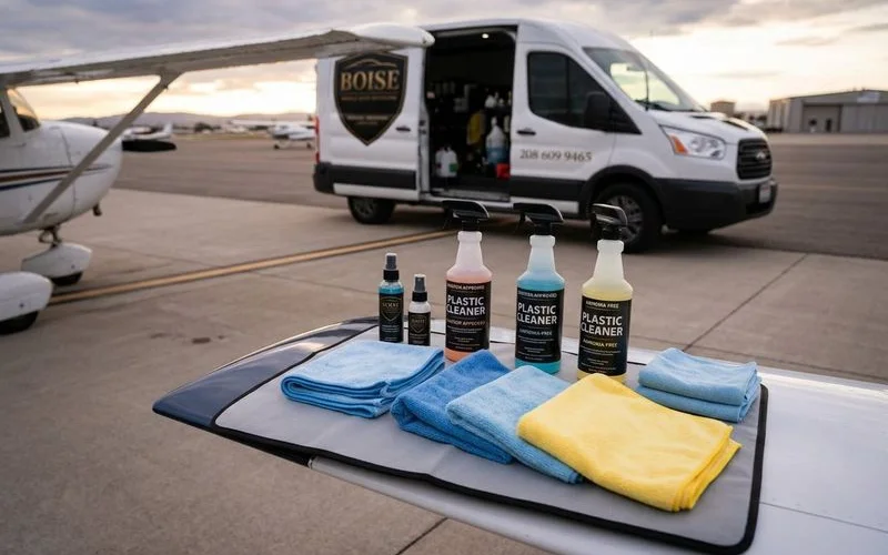 Aviation approved Plexiglass cleaning products and soft microfiber cloths arranged for aircraft windshield care