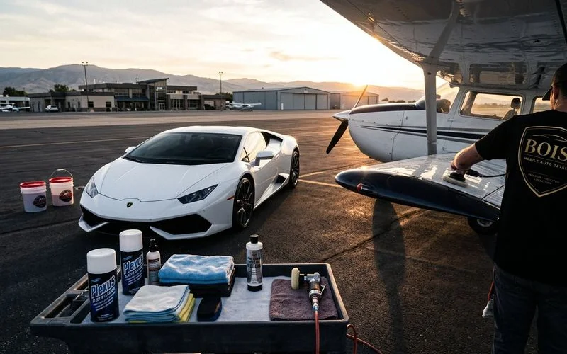 Professional detailing tools and aviation approved products arranged separately from standard automotive supplies