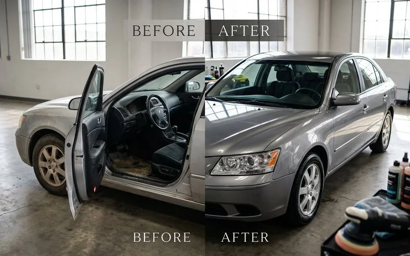 Before and after comparison of vehicle receiving full detail service showing dramatic transformation