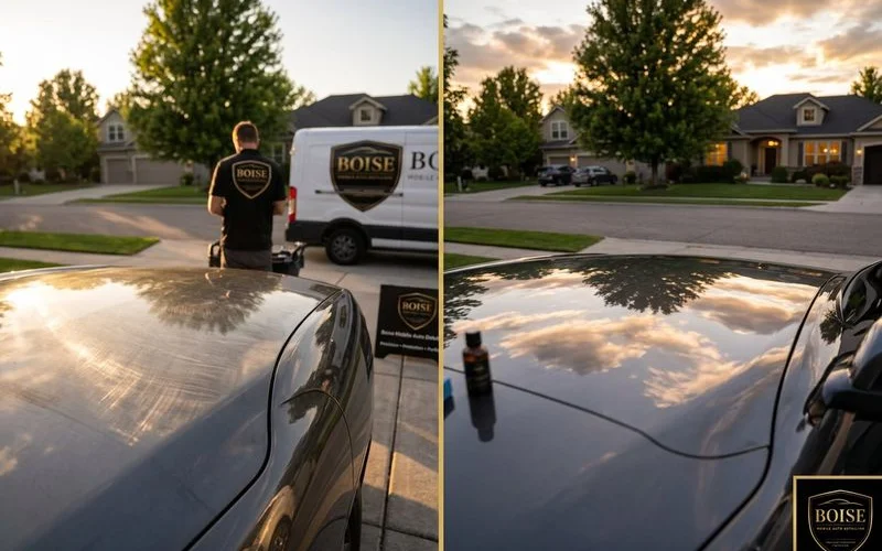 Before and after results of professional mobile detailing service showing quality results achievable on location