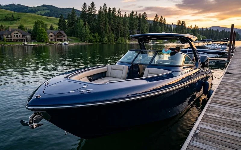 Beautifully maintained ceramic coated boat gleaming on Idaho water with protected glossy gelcoat surface