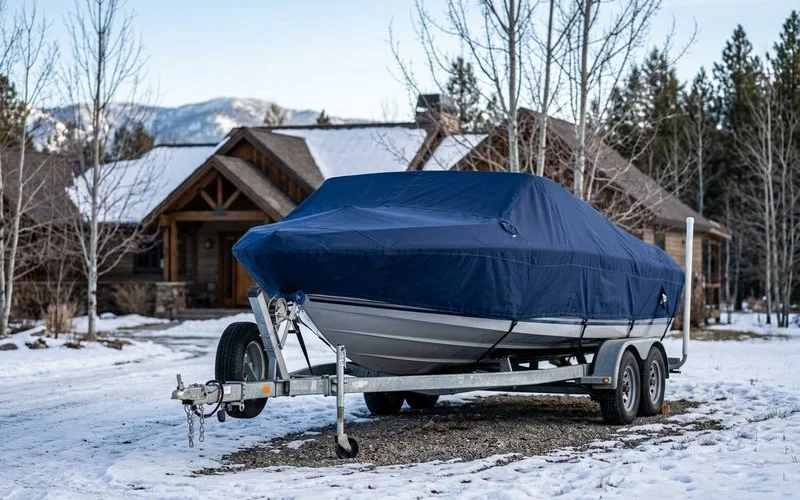 Clean protected boat properly covered and prepared for Idaho winter storage season on trailer in driveway