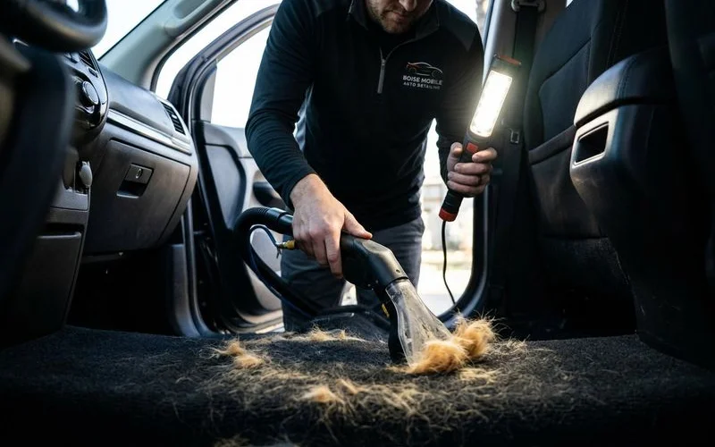 Professional detailer using commercial extraction equipment to remove deeply embedded pet hair from vehicle carpet