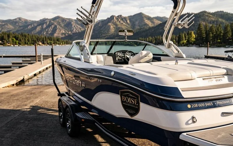 Completed marine detail showing restored gel coat, clean vinyl, and polished hardware on boat