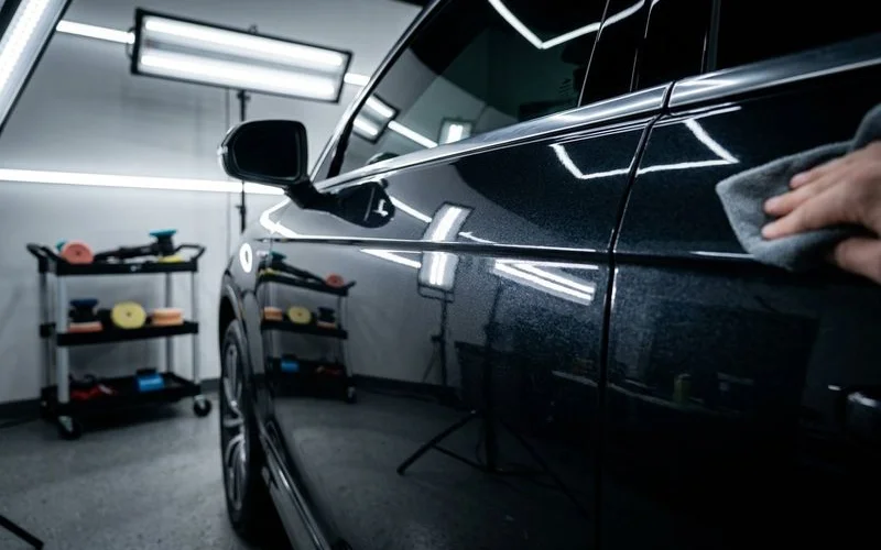 Perfectly corrected dark vehicle paint showing deep mirror like reflections after multi stage paint correction