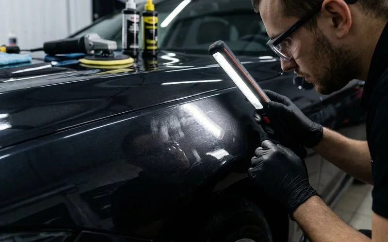 Professional detailer using LED inspection light between paint correction stages to assess progress on dark paint