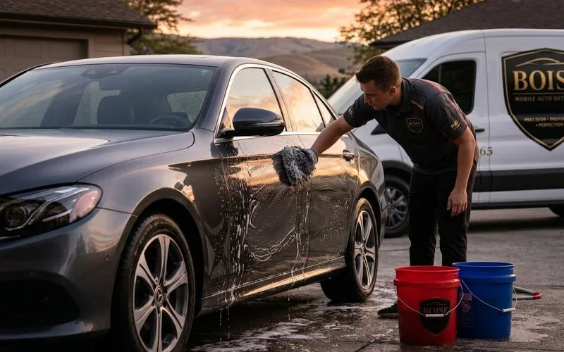Technician performing two-bucket hand wash method on vehicle exterior in driveway