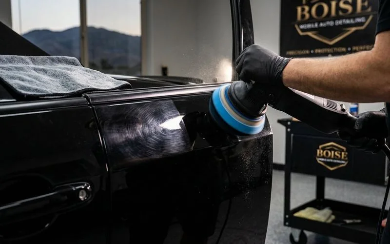 Dual action polisher being used on vehicle panel with cutting compound to remove swirl marks from paint