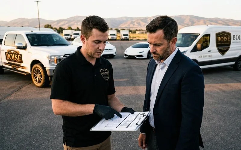 Fleet manager reviewing service report with detailing technician at commercial vehicle lot