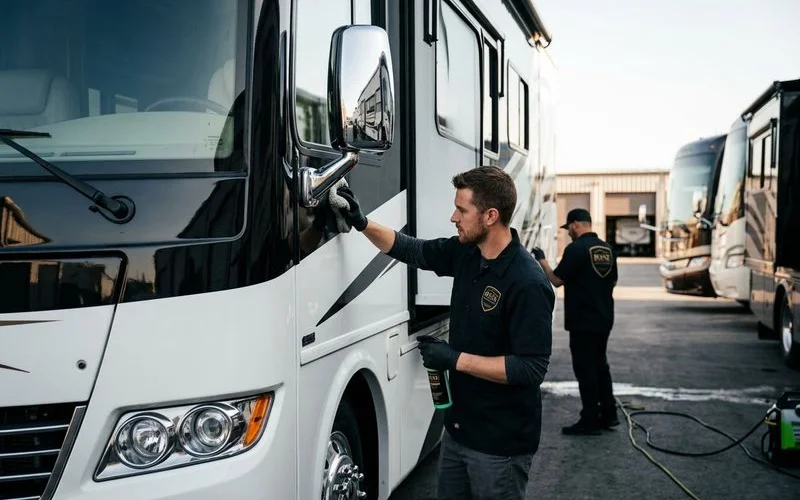 Full-size Class A motorhome receiving exterior wash and oxidation treatment at storage facility