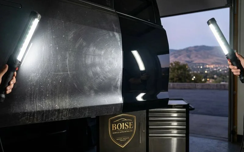 Half-corrected vehicle panel showing dramatic before and after difference in paint clarity