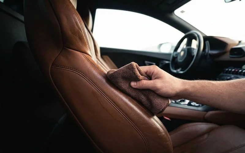 Professional leather conditioning being applied to vehicle seats with microfiber applicator pad for protection