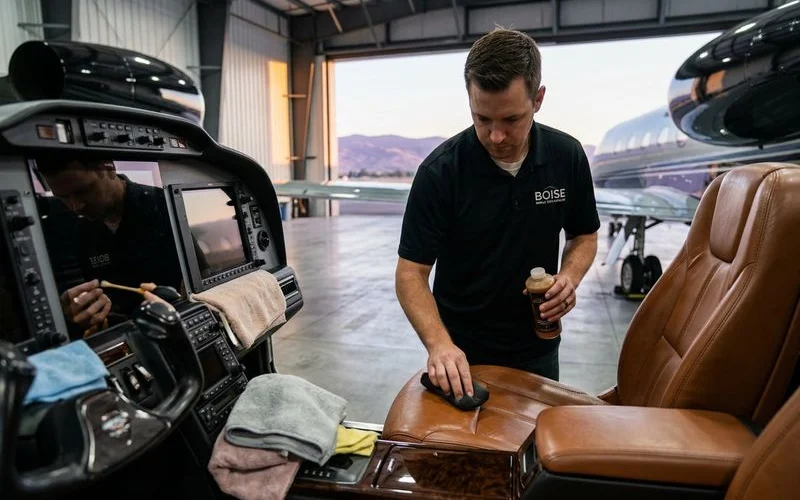 Private aircraft interior being detailed with careful attention to leather seats avionics and trim surfaces