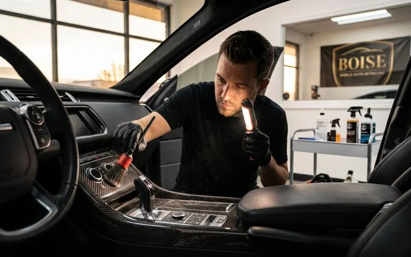 Professional detail shop interior with controlled lighting proper ventilation and specialized detailing equipment