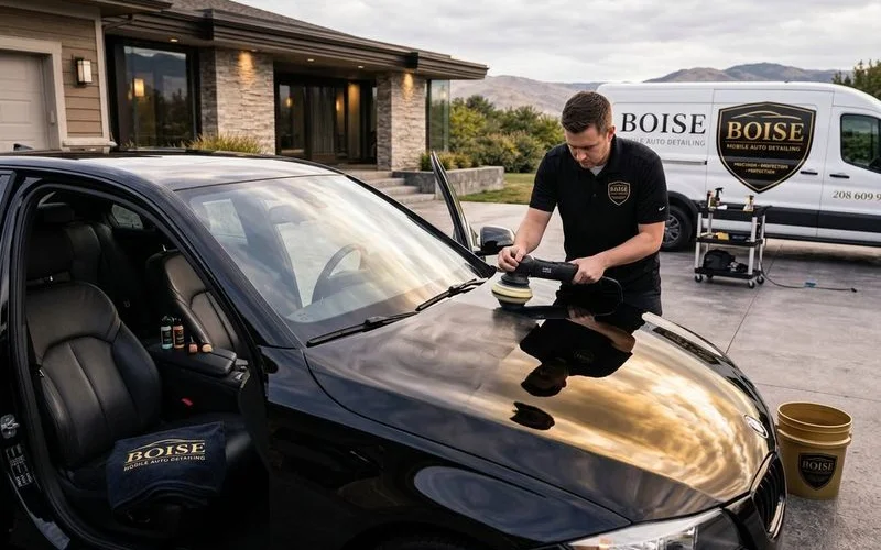 Professional detailer performing comprehensive interior and exterior detail on sedan in Boise area