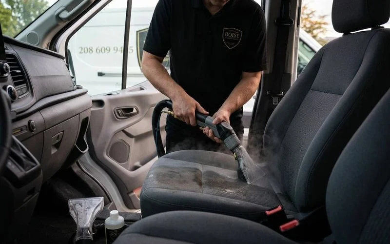 Professional fabric upholstery being deep cleaned with extraction equipment removing embedded dirt and stains