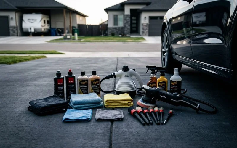 Array of professional grade detailing products and equipment representing the investment behind quality service