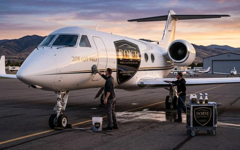 Professional aircraft exterior being carefully washed with aviation approved cleaning products on tarmac