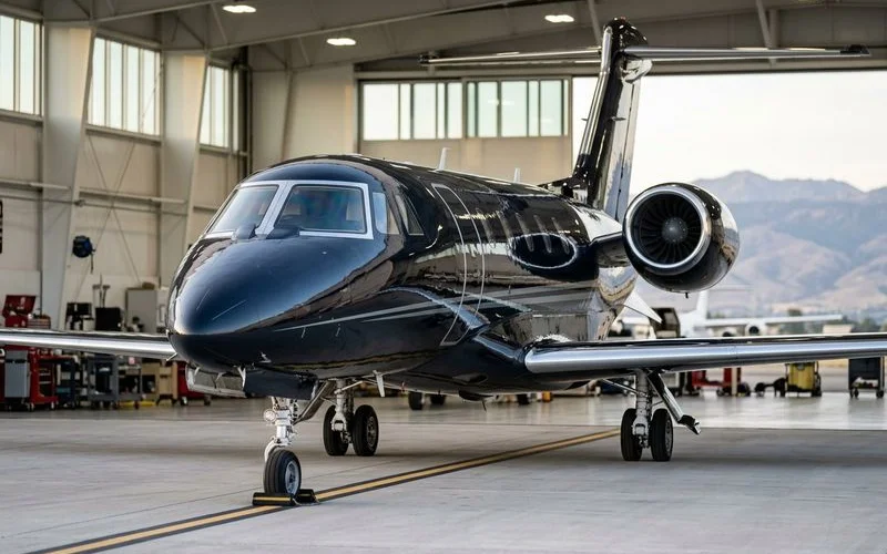 Professionally detailed private aircraft gleaming on Idaho airport ramp with polished surfaces and clean finish