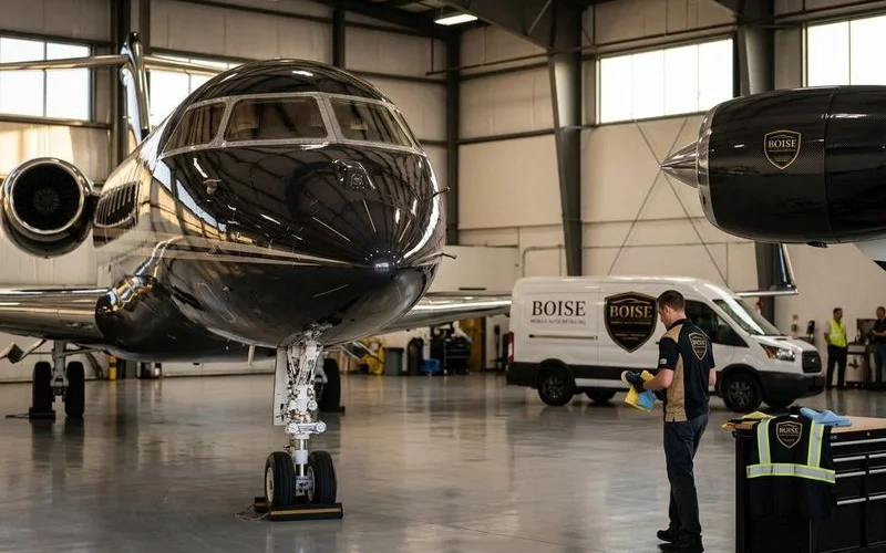 Professionally detailed private aircraft parked in hangar showing proper aviation detailing results and care