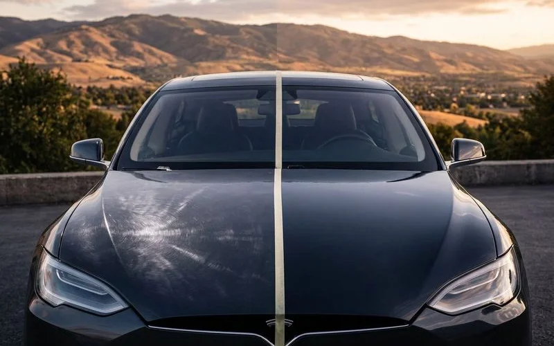 Side by side comparison of dull uncorrected paint versus freshly corrected glossy paint on same vehicle