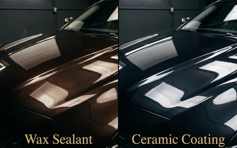 Side by side comparison of wax sealant and ceramic coating applied to different sections of a vehicle hood