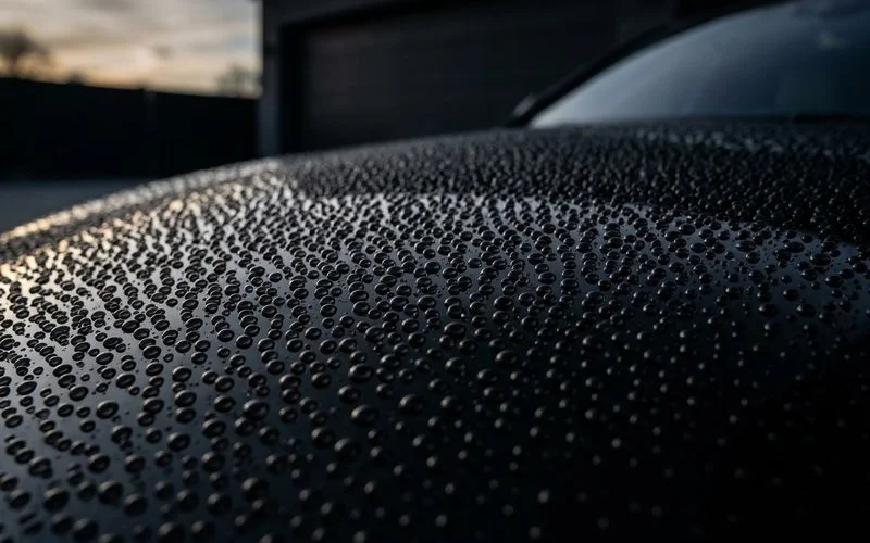 Close up of tight water beading on well maintained ceramic coated paint surface demonstrating healthy coating