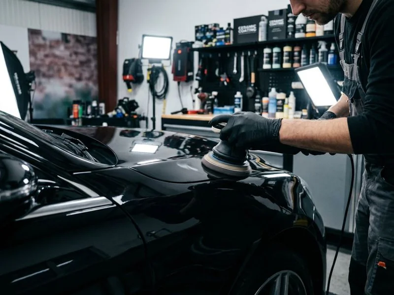 Professional auto detailing on a dark glossy vehicle with dramatic lighting
